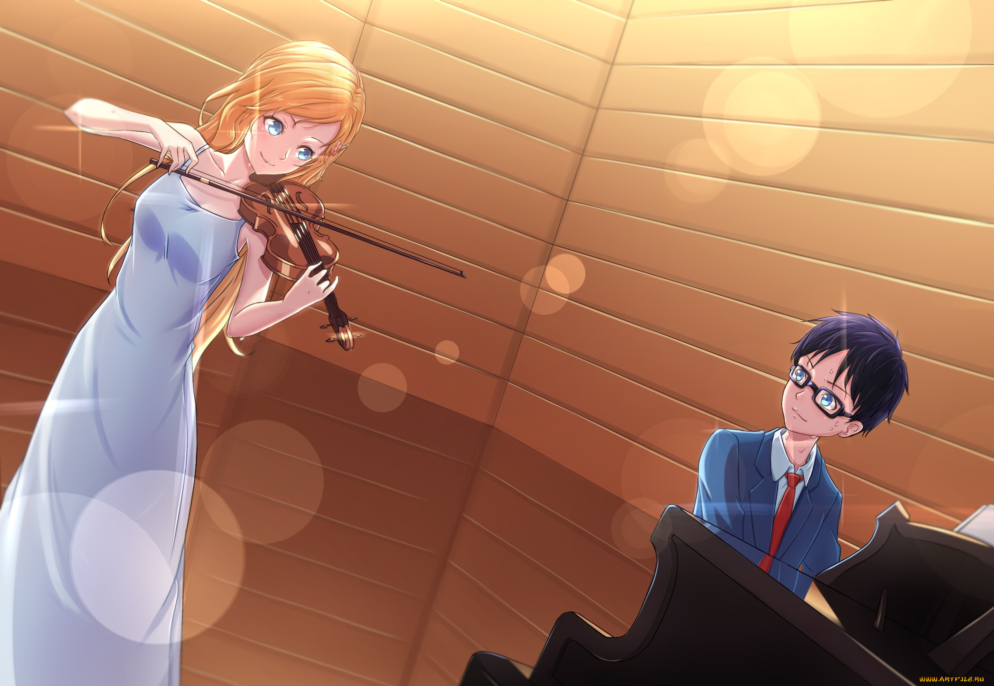 Обои Аниме Shigatsu wa Kimi no Uso , обои для рабочего стола, фотографии  аниме, shigatsu wa kimi no uso, shigatsu, wa, kimi, no, uso, arima, kousei,  miyazono, kawori, арт, девушка, скрипка, парень